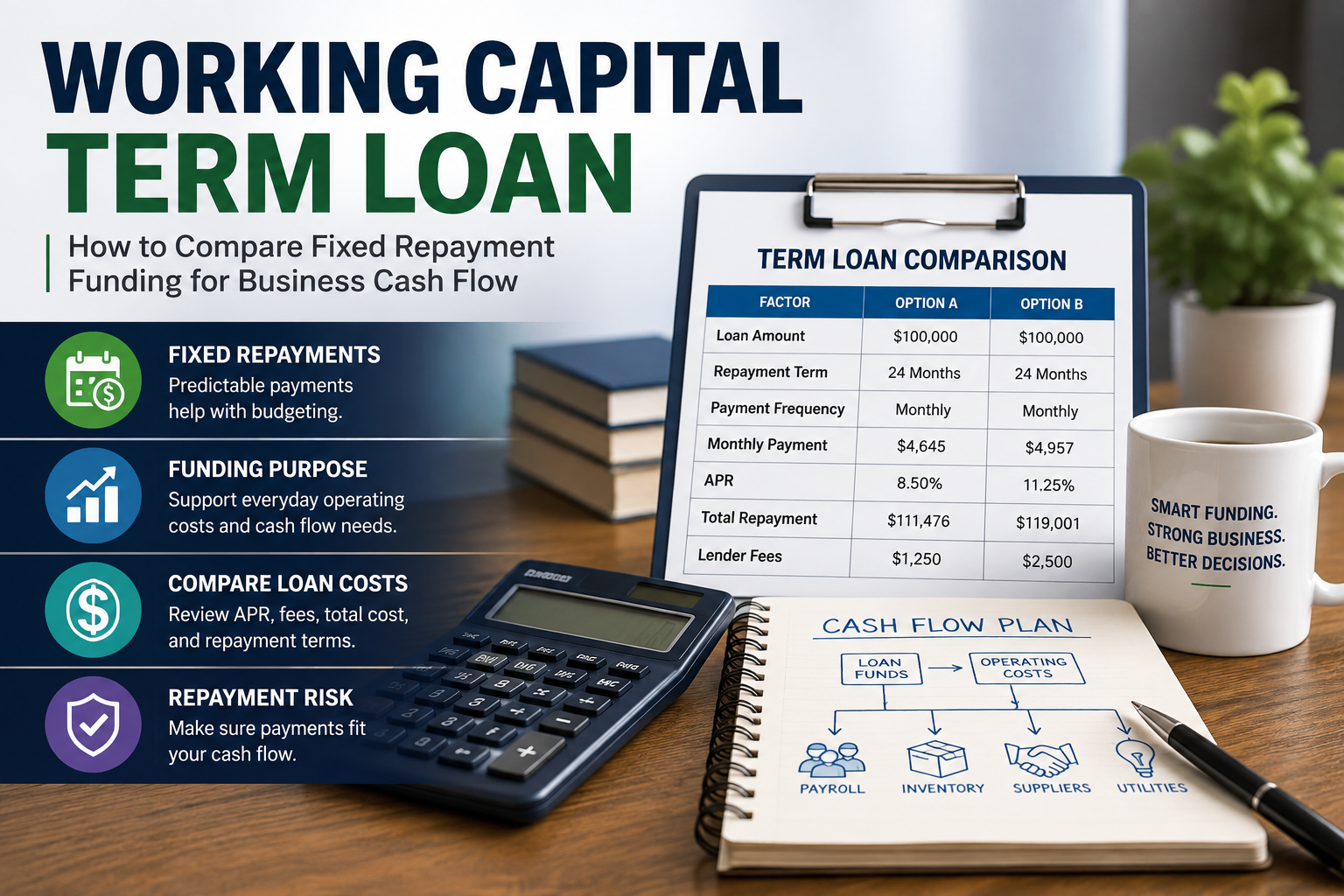 Working capital term loan comparison showing fixed repayments, business cash flow, loan costs, and repayment risk