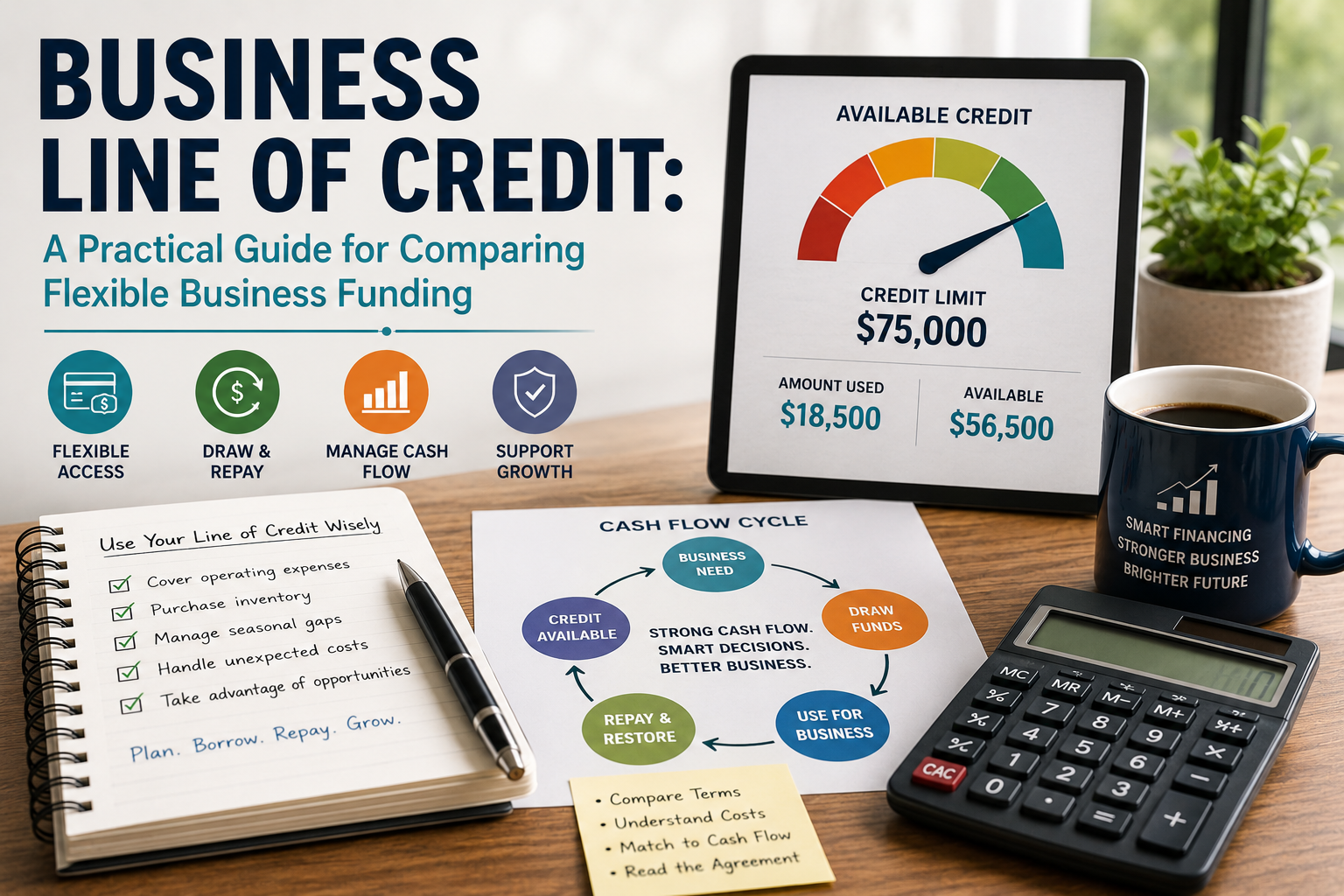 Business line of credit showing flexible funding, available credit, draw and repayment, and cash flow management