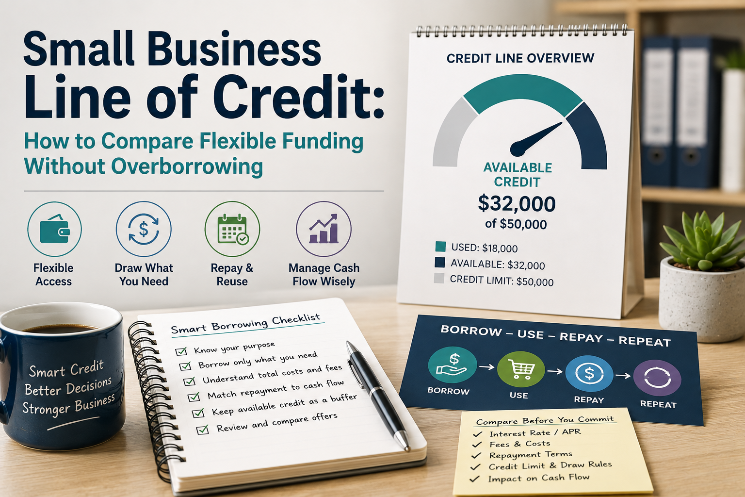 Small business line of credit showing flexible borrowing, available credit, repayment planning, and cash flow management