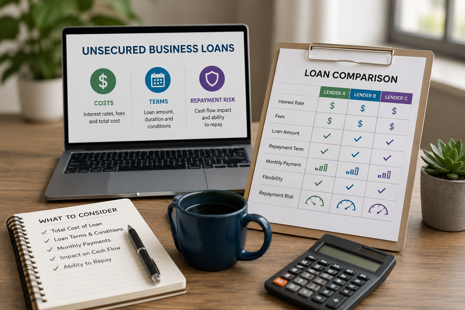 Alt Text Unsecured business loans comparison showing costs, loan terms, repayment risk, and business cash flow considerations