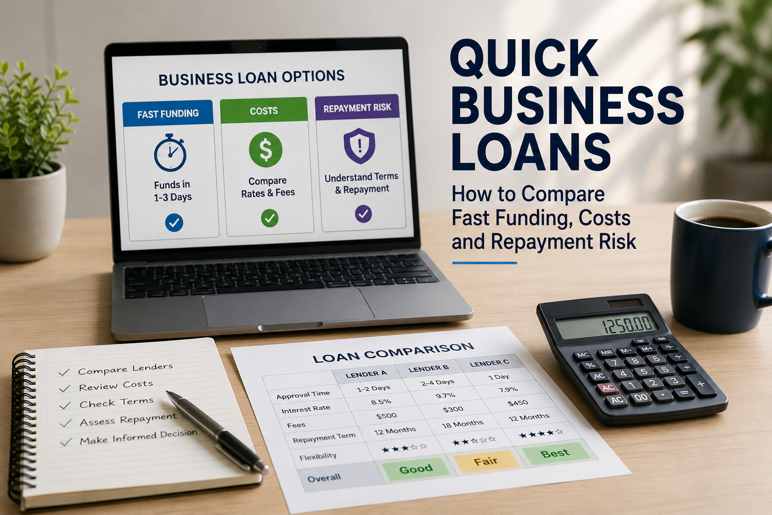 Quick business loans comparison showing fast funding, borrowing costs, repayment terms, and business cash flow risk