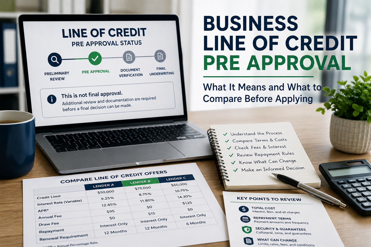 Business line of credit pre approval showing preliminary review, lender comparison, costs, terms, and final approval checks