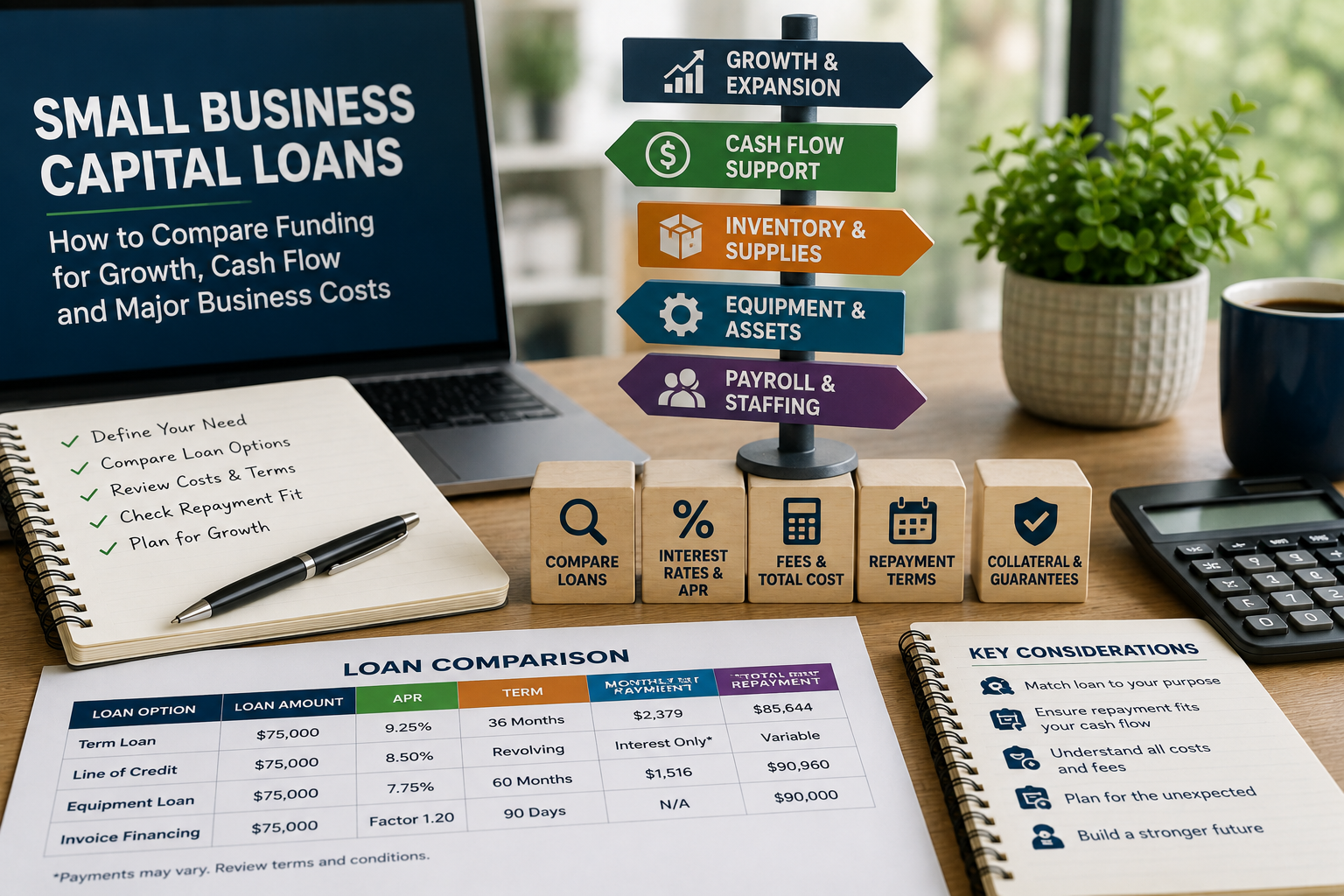 Small business capital loans comparison showing funding for growth, cash flow, inventory, equipment, staffing, and repayment planning