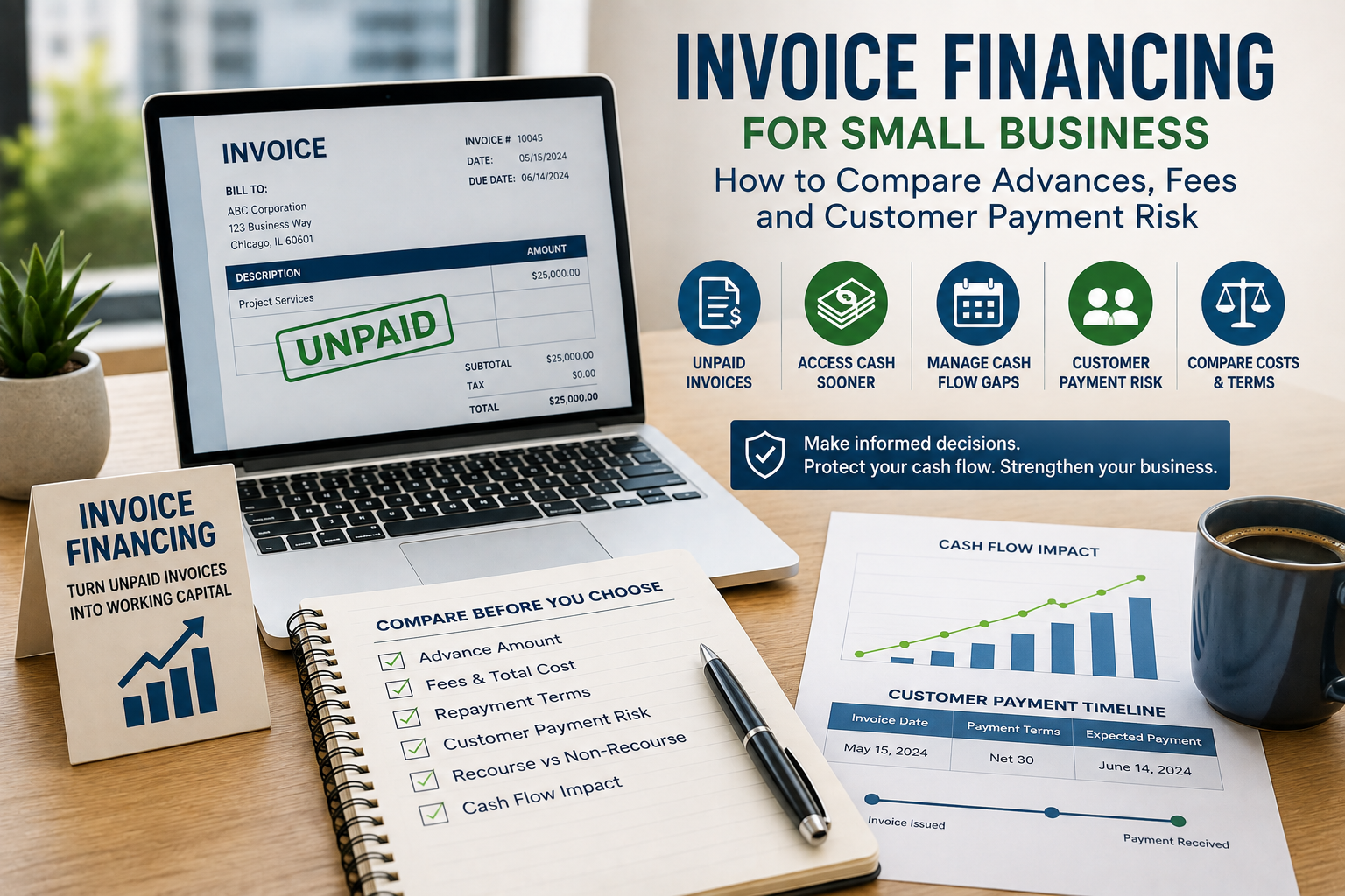 Invoice financing for small business showing unpaid invoices, advance funding, customer payment risk, fees, and cash flow management