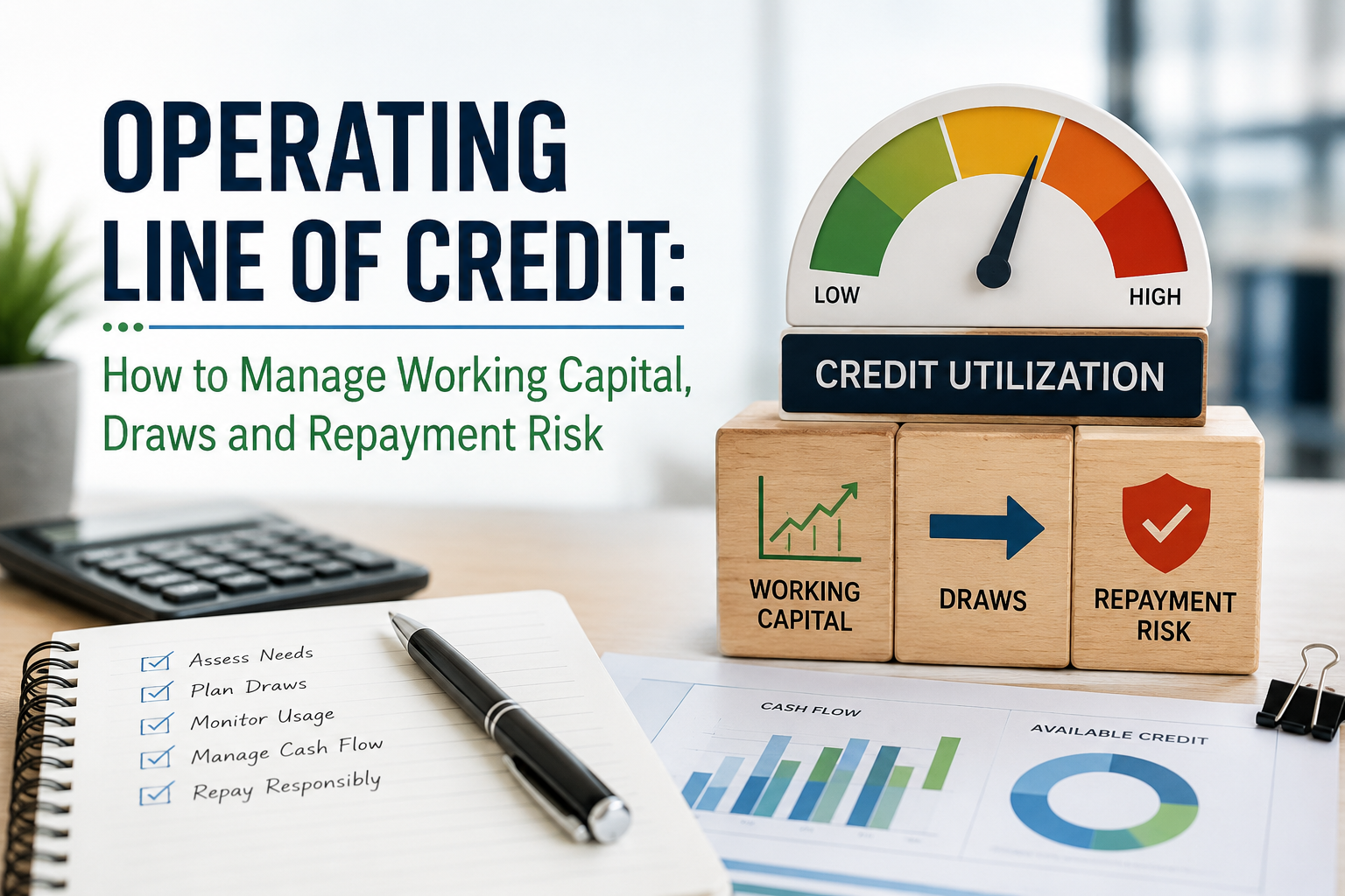 Operating line of credit showing working capital, credit utilization, draws, repayment risk, and available credit management