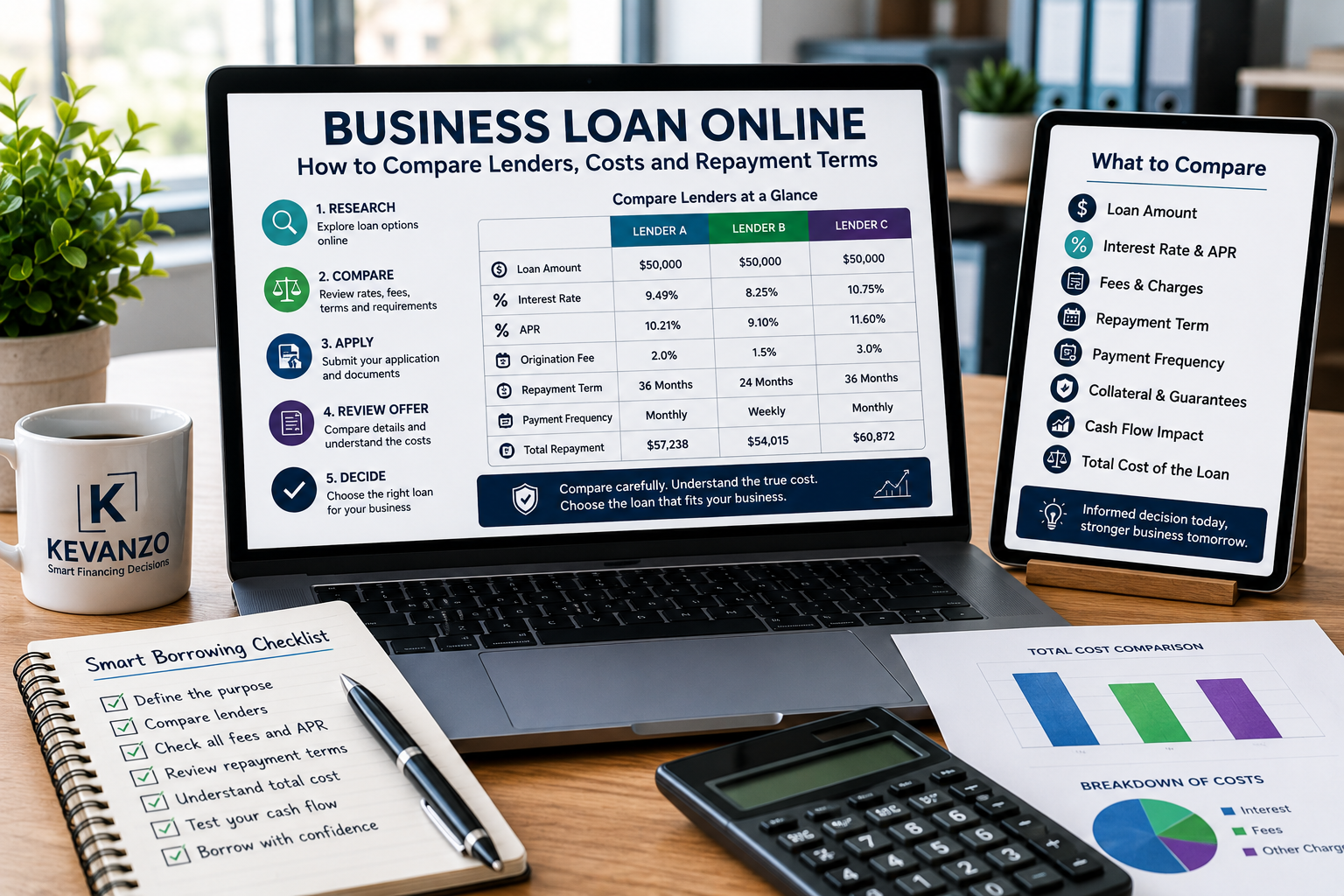 Business Loan Online comparison showing lenders, interest rates, fees, repayment terms, payment frequency, and total cost