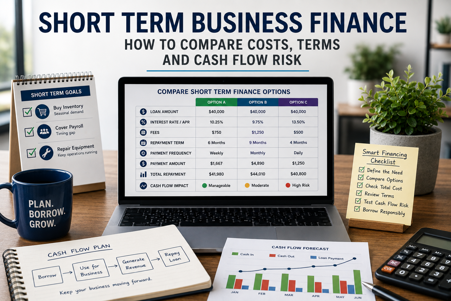 Short Term Business Finance comparison showing loan costs, repayment terms, payment frequency, and cash flow risk