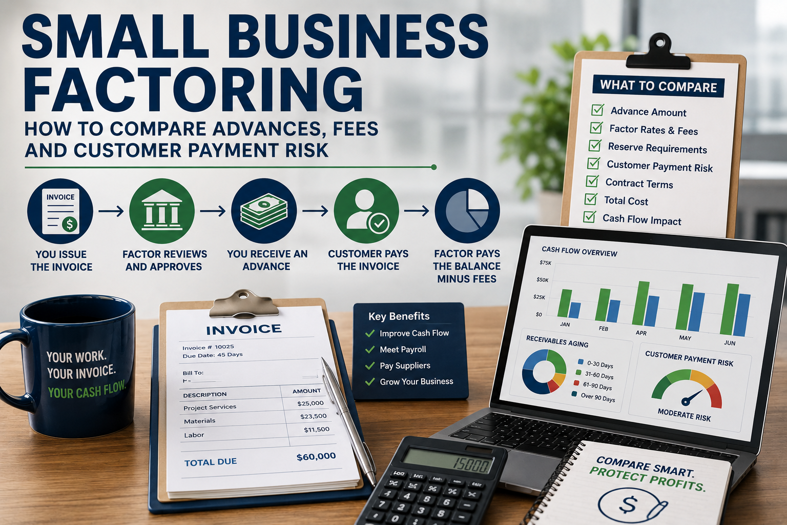 Small Business Factoring comparison showing invoice advances, factoring fees, reserves, customer payment risk, and cash flow impact