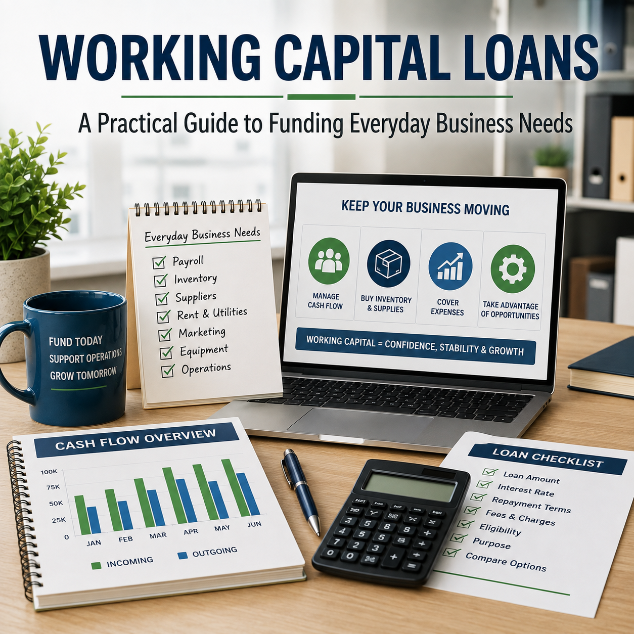 Working Capital Loans guide showing everyday business expenses, cash flow, loan terms, fees, and repayment considerations
