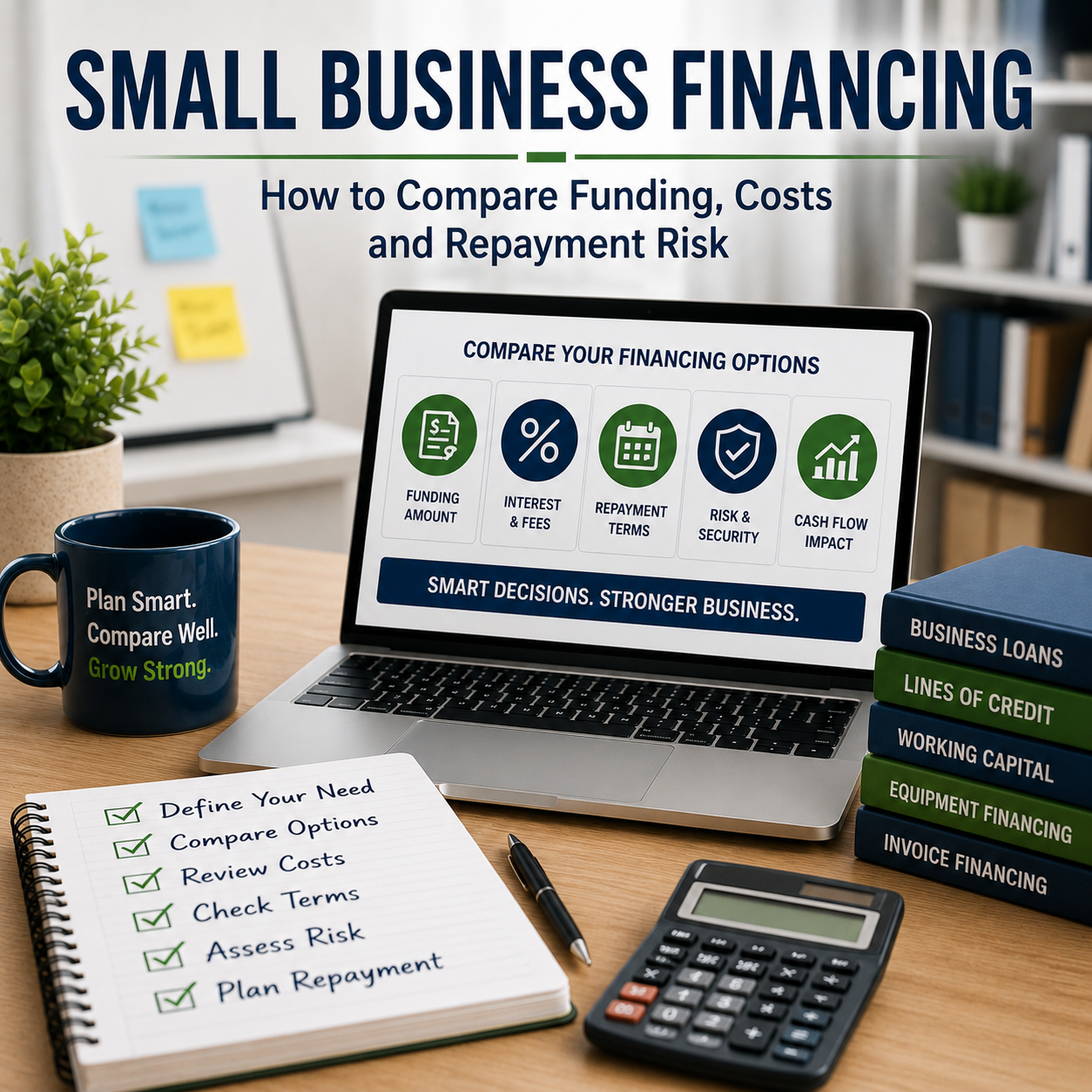 Small Business Financing comparison showing funding options, borrowing costs, repayment terms, security, and cash flow impact