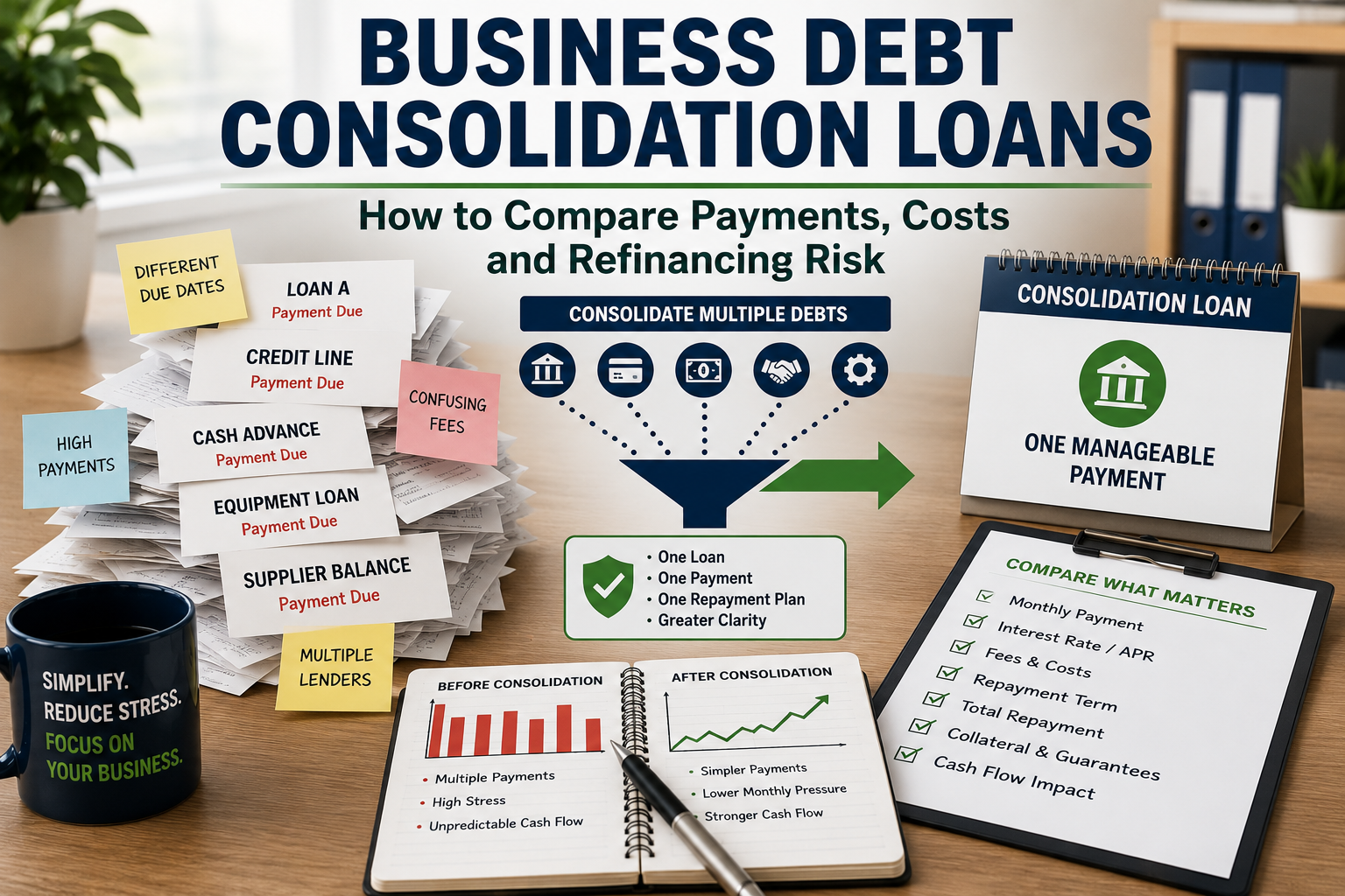 Business Debt Consolidation Loans comparison showing multiple business debts combined into one repayment structure with cost and refinancing risk review