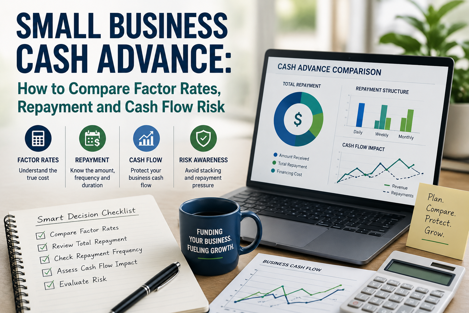 Small business cash advance comparison showing factor rates, repayment frequency, cash flow impact, and financing risk