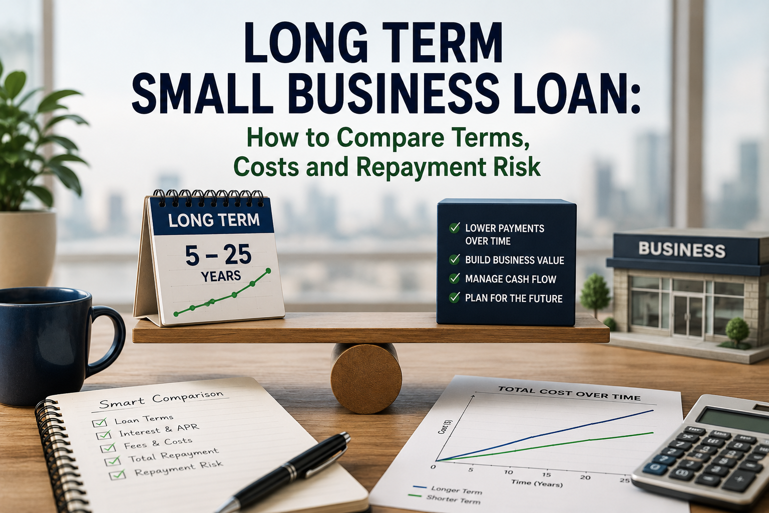 Long term small business loan comparison showing repayment terms, total cost, cash flow management, and long-term financing risk