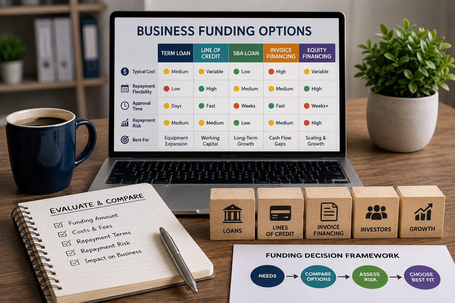 Business financing comparison showing funding options, costs, repayment terms, flexibility, and repayment risk