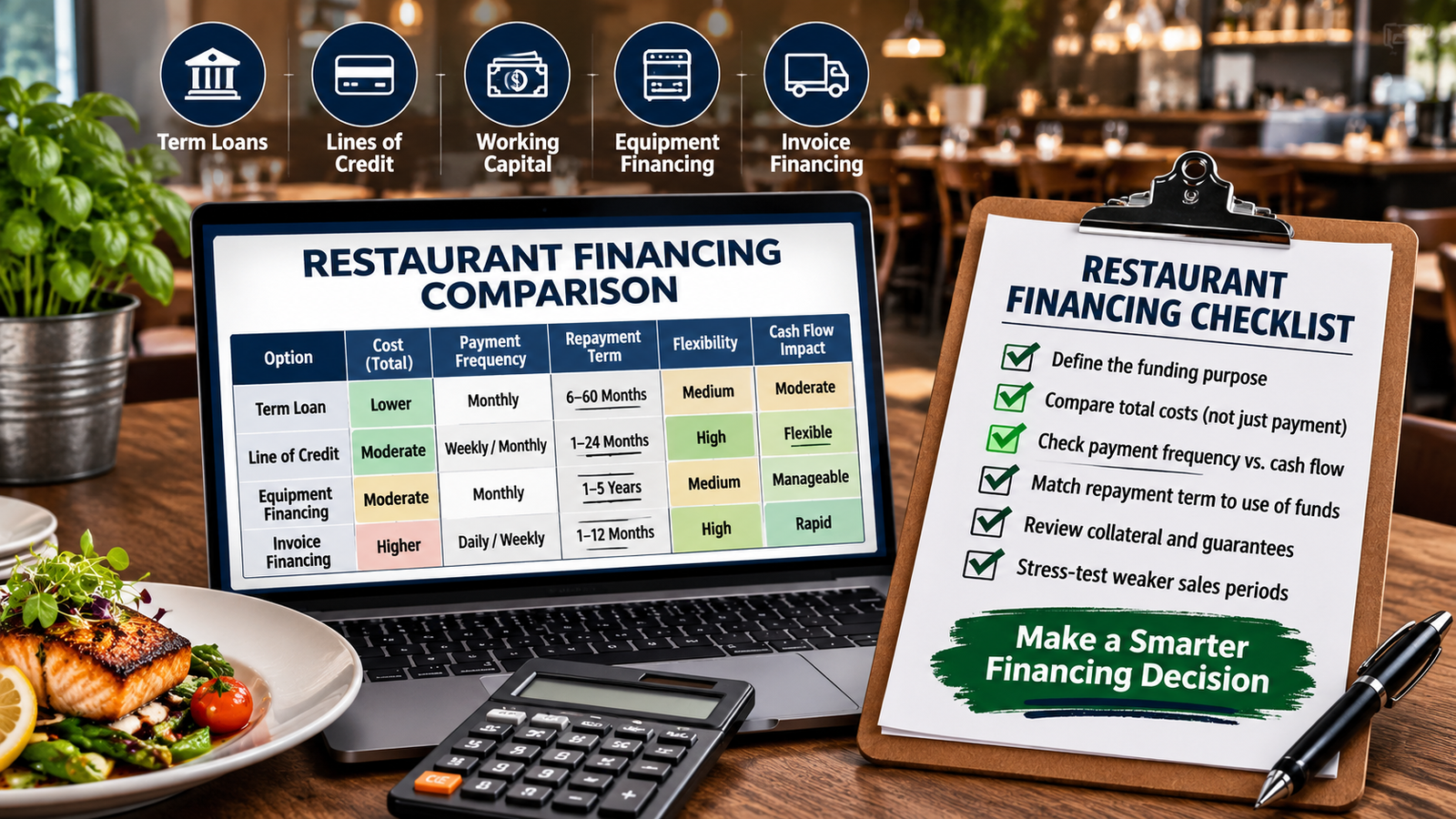 Restaurant financing comparison showing loan options, repayment terms, total costs, and cash flow risk Title