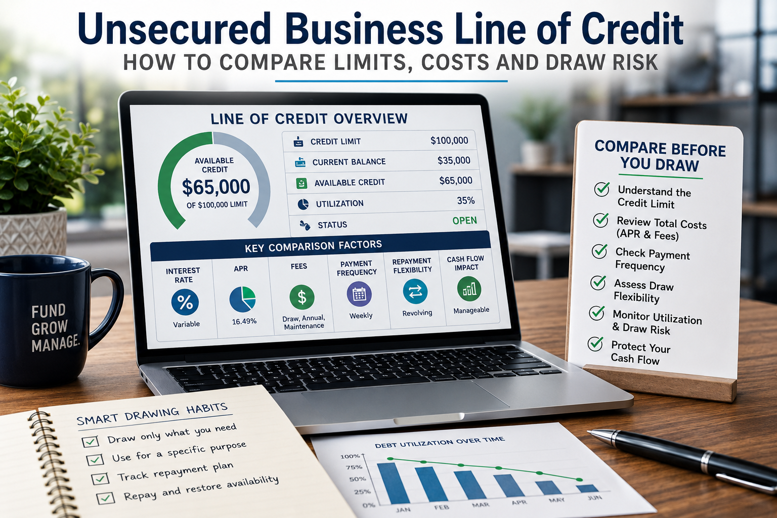 Unsecured business line of credit comparison showing credit limits, utilization, costs, repayment flexibility, and draw risk