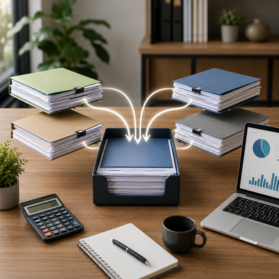 Small business owner reviewing cash flow notes and credit line options on a laptop