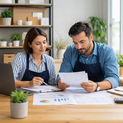 Small business owner comparing loan options, repayment terms, and funding costs before applying.